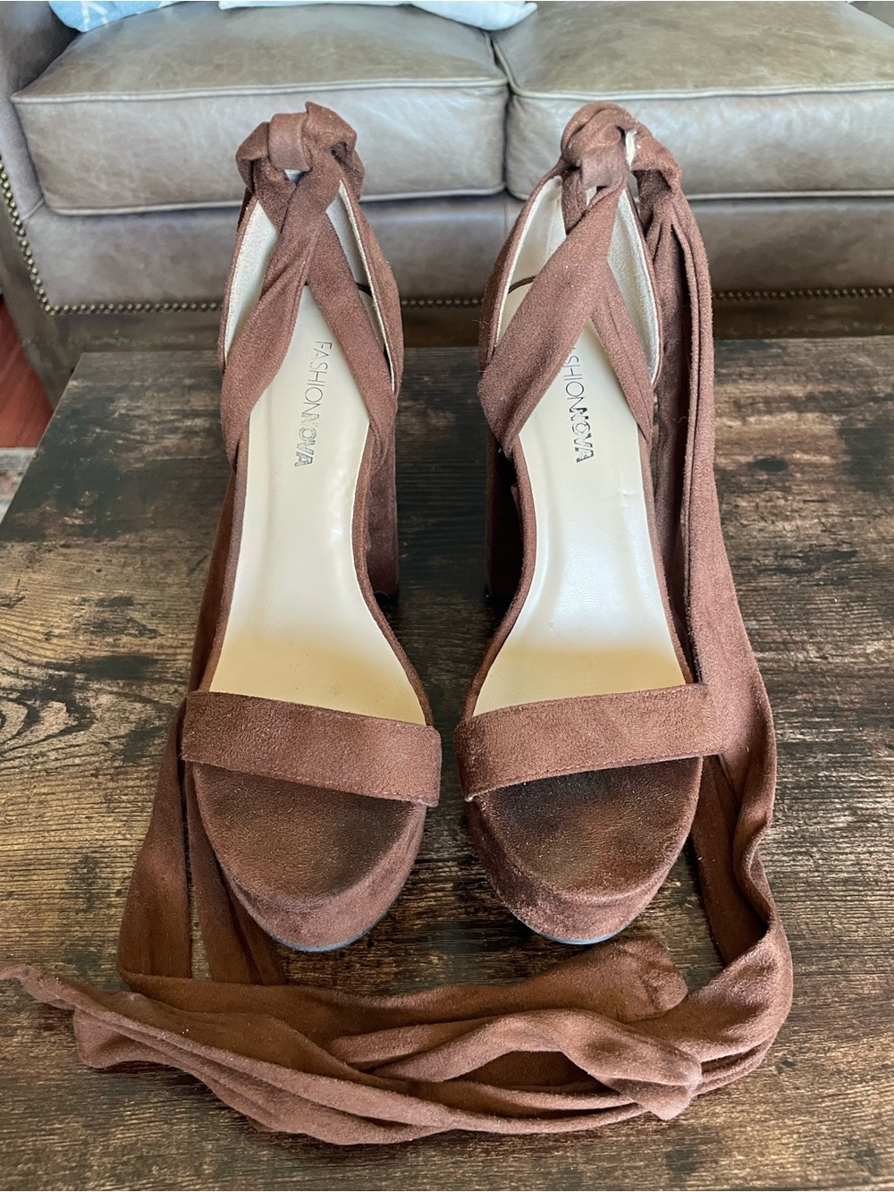 Fashion Nova Brown Suede Wrap-Ankle Block Heel Sandals